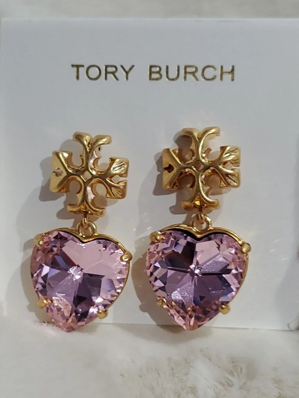 Gorgeous Tory Burch Gold-Tone Earrings Pink Heart Crystals Girlie Barbie NWOT